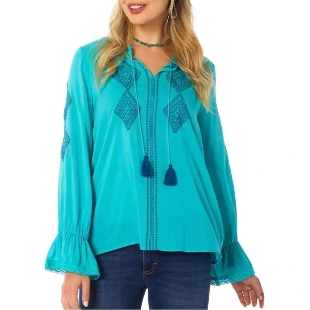 Wrangler Retro Embroidered long sleeved Peasant Top Teal Tassels Women’s Size S